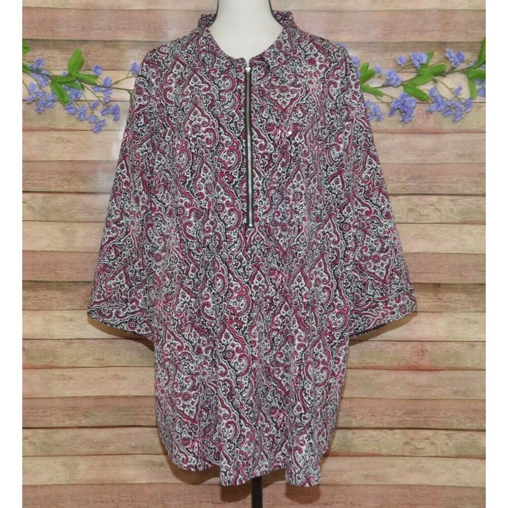 Catherines Red Black Print 3/4 Sleeve Blouse Top Size 2X 22/24W Half Zip Tunic